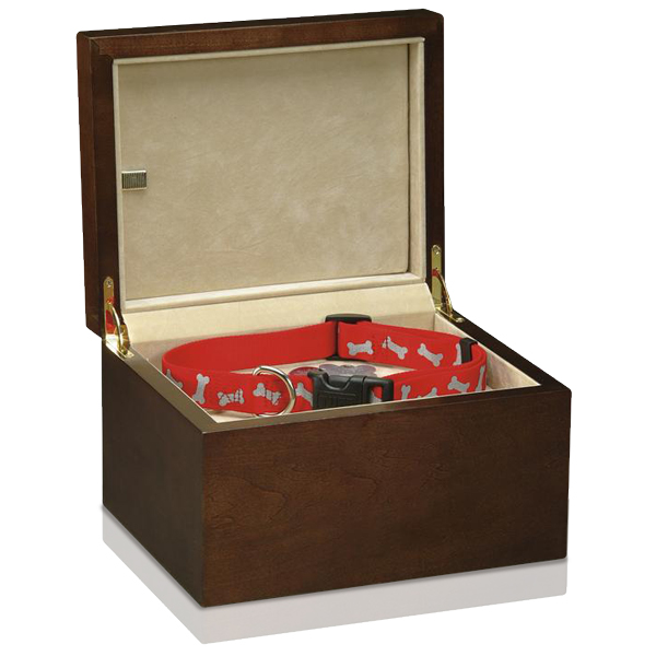 Dog Urn Medium Wooden Dog Urn with photo and shelf.