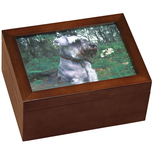 Dog Urn Medium Wooden Dog Urn with photo and shelf.