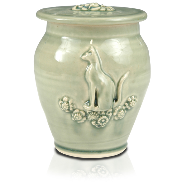 Cat and Flowers Artisan Pet Urn with Inscription Option